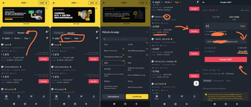 Paso a paso para vender USDT y recargar Zinli desde Binance